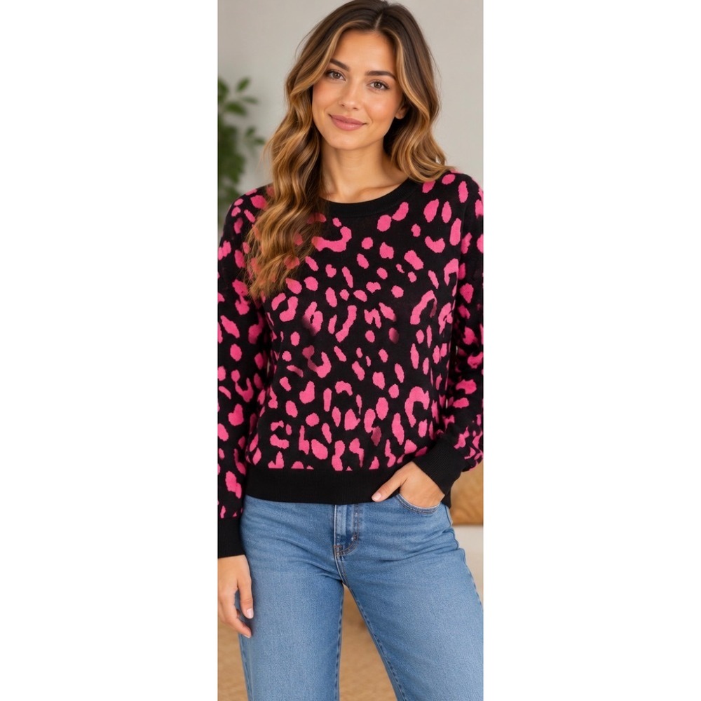 Alice + Olivia Pink Black Leopard Print Crewneck Knit Sweater Size M_262
